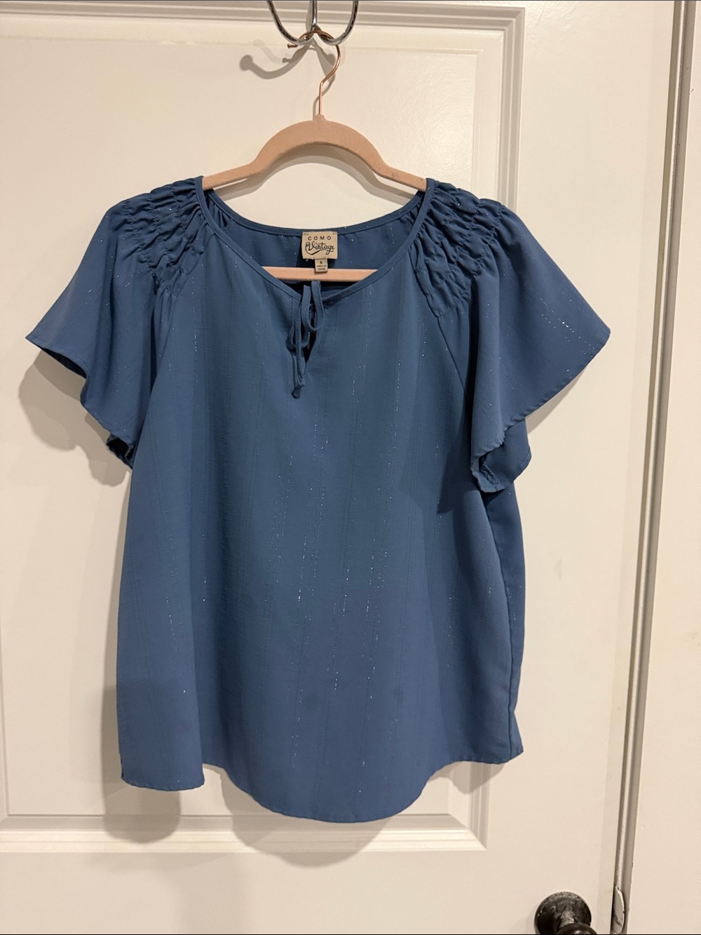 Como Vintage Dusty Blue Flutter Sleeve Smocked Yoke Top